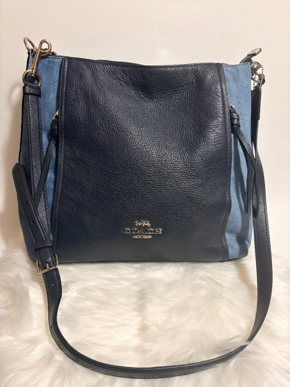 Coach Hallie Denim Pebbled Leather Convertible Shoulder Crossbody Bag Blue